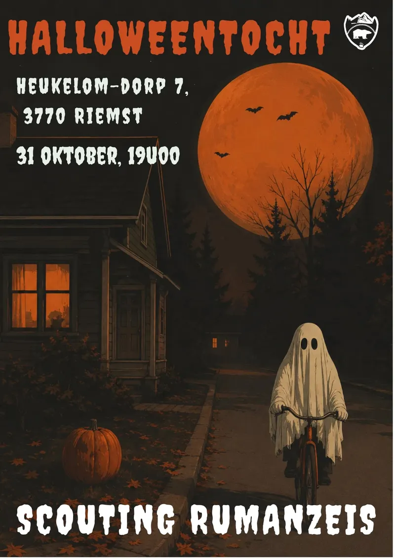 Affiche van de Halloweentocht: een spook op een fiets onder een oranje volle maan, naast een donker huis met een pompoen. Heukelom-Dorp 7, 3770 Riemst, 31 oktober, 19u00.